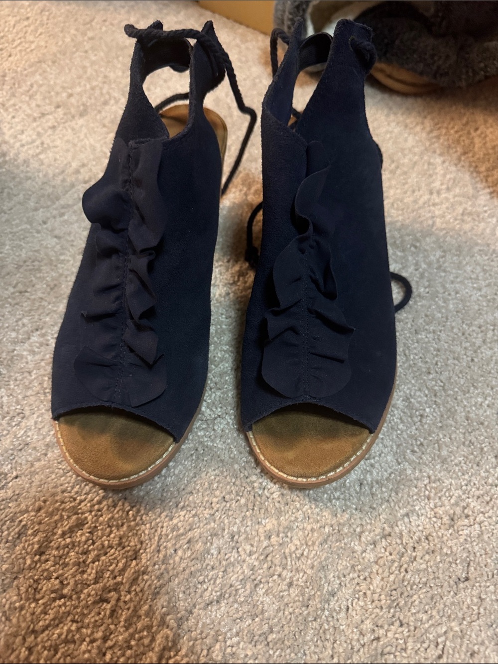 Toms Navy Ruffle Open-Toe Lace-Up Wedges